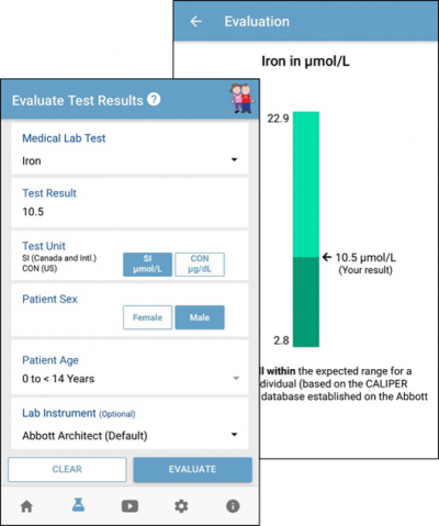 On the CALIPER mobile app, users can enter the medical lab test, test result, test unit, patient sex, patient age, and lab instrument (optional) to evaluate a test result.