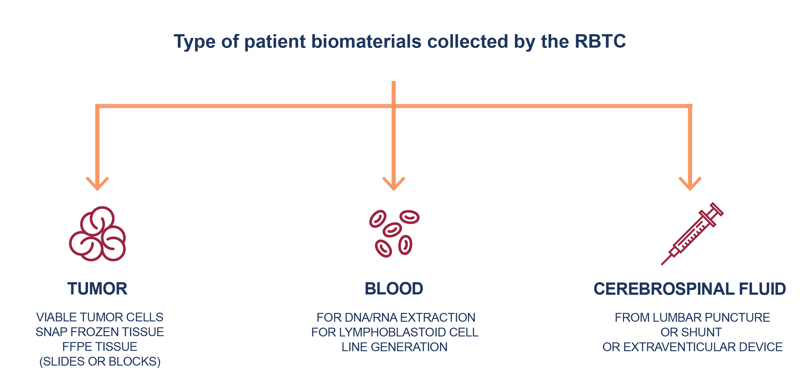 We collect tumor, blood and CSF (spinal fluid) from all patients if available. Processing steps for biospecimens are summarized in figures 1 - 3 below.