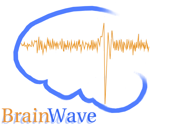 Outline of a brain in blue with an orange waveform inside, and the word “BrainWave” written below in orange and blue.