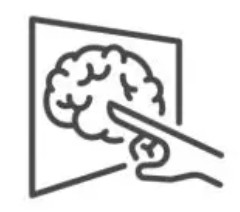 This is decorative: an outline icon of a human brain inside a rectangular frame with a hand pointing toward it.