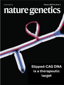 The February 2020 cover of Nature Genetics journal, featuring a conceptual illustration of a zipper with a looped section to represent "Slipped-CAG DNA" as a therapeutic target.