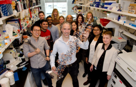 Group shot of Lab members gathered at the lab with one person holding a big wrench and Dr. Pearson holding a DNA structure model.