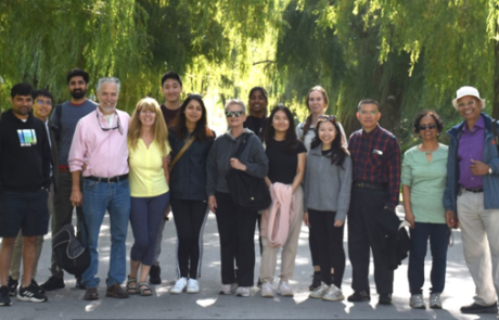 A large group of Pearson Lab members posing together outdoors on a sunlit path lined with willow trees.