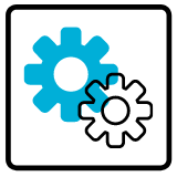 Icon of one bigger blue gear behind a black outline of a smaller gear.