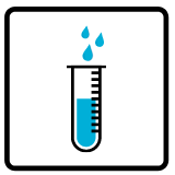 Icon of test tube filled halfway with blue with three blue drops on top. 