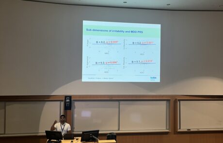 Presenter giving a lecture in a large auditorium, standing at a podium with slides projected on a screen showing research on irritability and MDD PRS. Attendees' desks in the foreground have drinks and snacks.