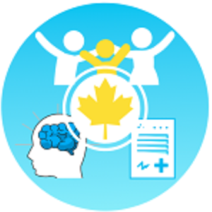impact Icon showing a maple leaf surrounded by people, a brain, and a medical chart, symbolizing Canadian mental health research and healthcare.