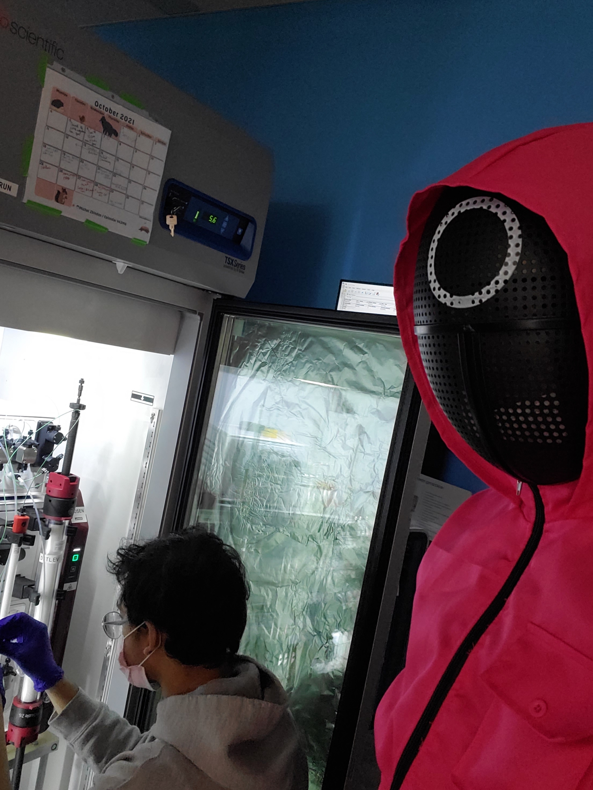 A person with his back turned to the camera while he tends to something in the lab refrigerator. Another person dressed in a Squid Game costume takes a selfie.