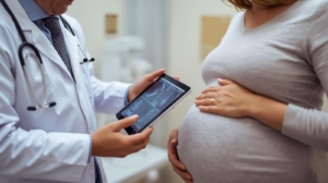 a doctor showing thyroid scan pictures to a pregnant woman