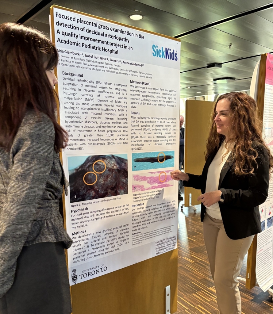 a photo of Aida's poster presentation at the Karolinska Institutet, on August 27, 2025, as part of the Summer Course in Developmental and Perinatal Biology (Stockholm, August 25–29, 2025).