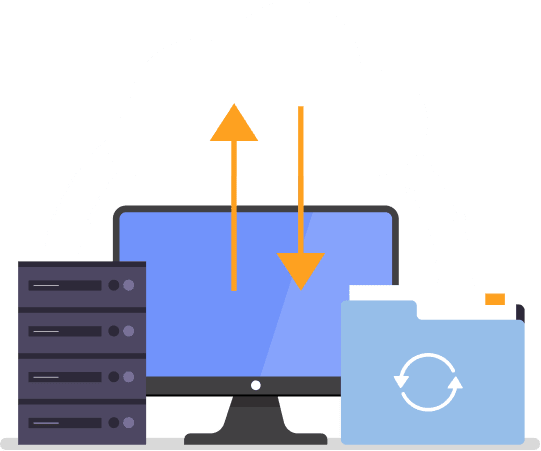 An illustration of a cloud hovering over a computer and bidirectional arrows between them.