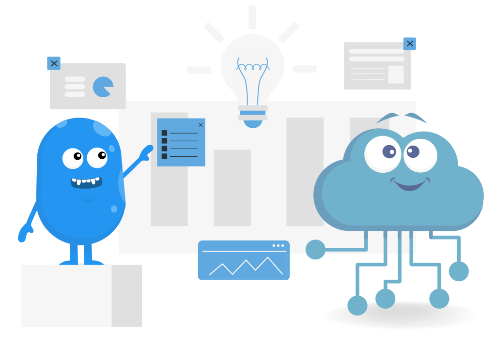 Two cartoon figures at a whiteboard with data floating around them. One figure points toward a list posted on the board. A lightbulb is shining above them.