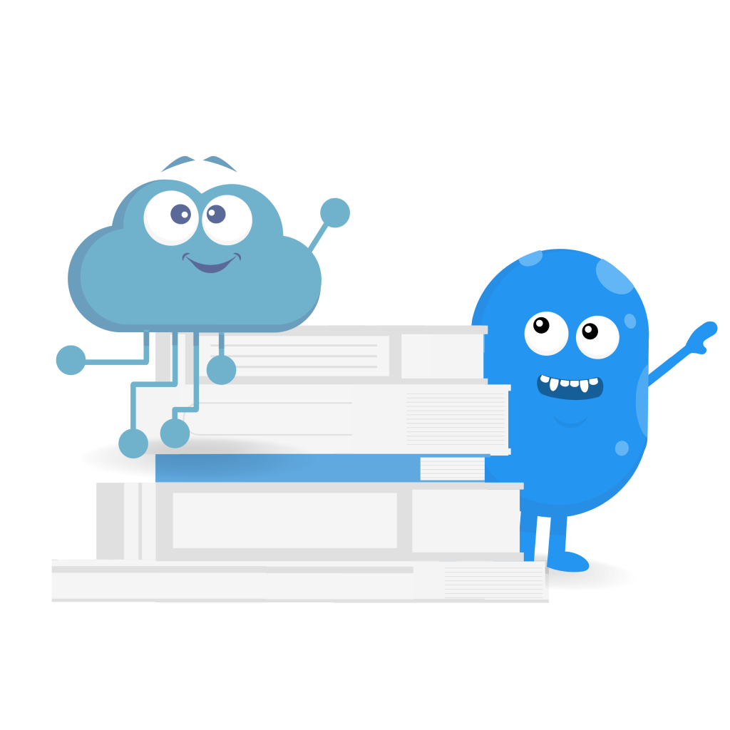 A cartoon figure of a cloud with lightning connectors and another oval-shaped character standing next to a stack of books.