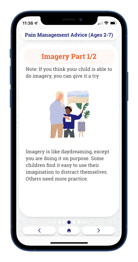 a picture of an iphone showing a pain management strategy called "imagery" with a parent and child visualizing a scene