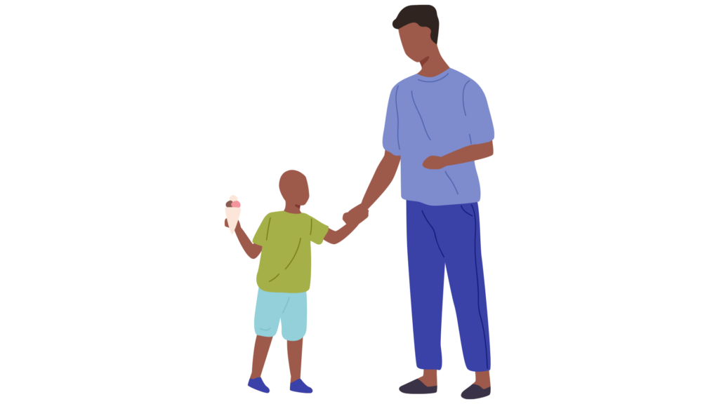 father and son holding hands. Child has an icecream cone in his free hand