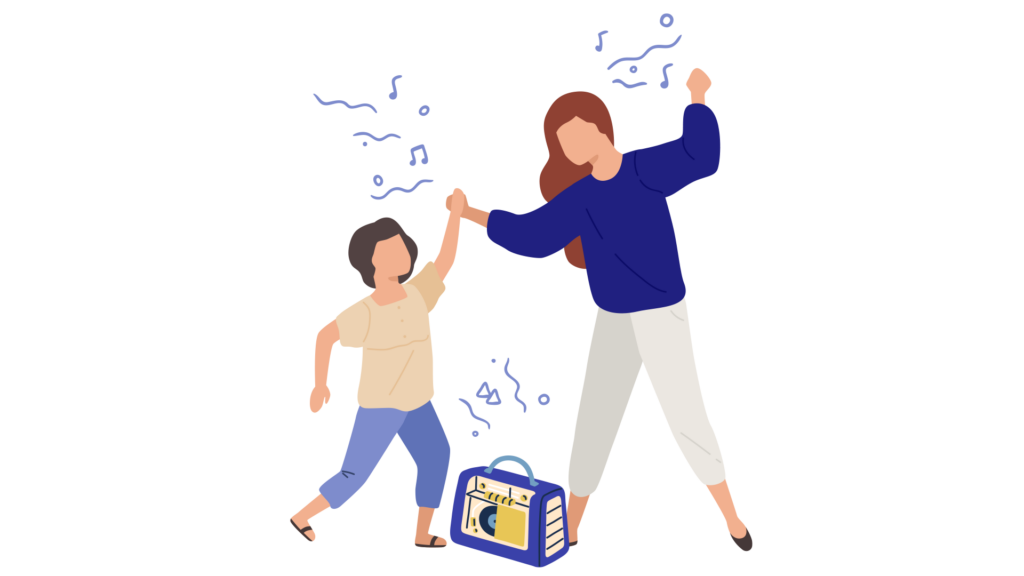 mother and daughter dancing holding hands above a stereo
