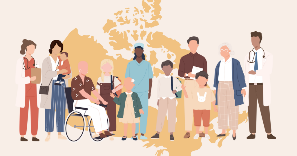 In front of a map of Canada, diverse group of people standing together including doctors, nurses, children, and one person in a wheelchair