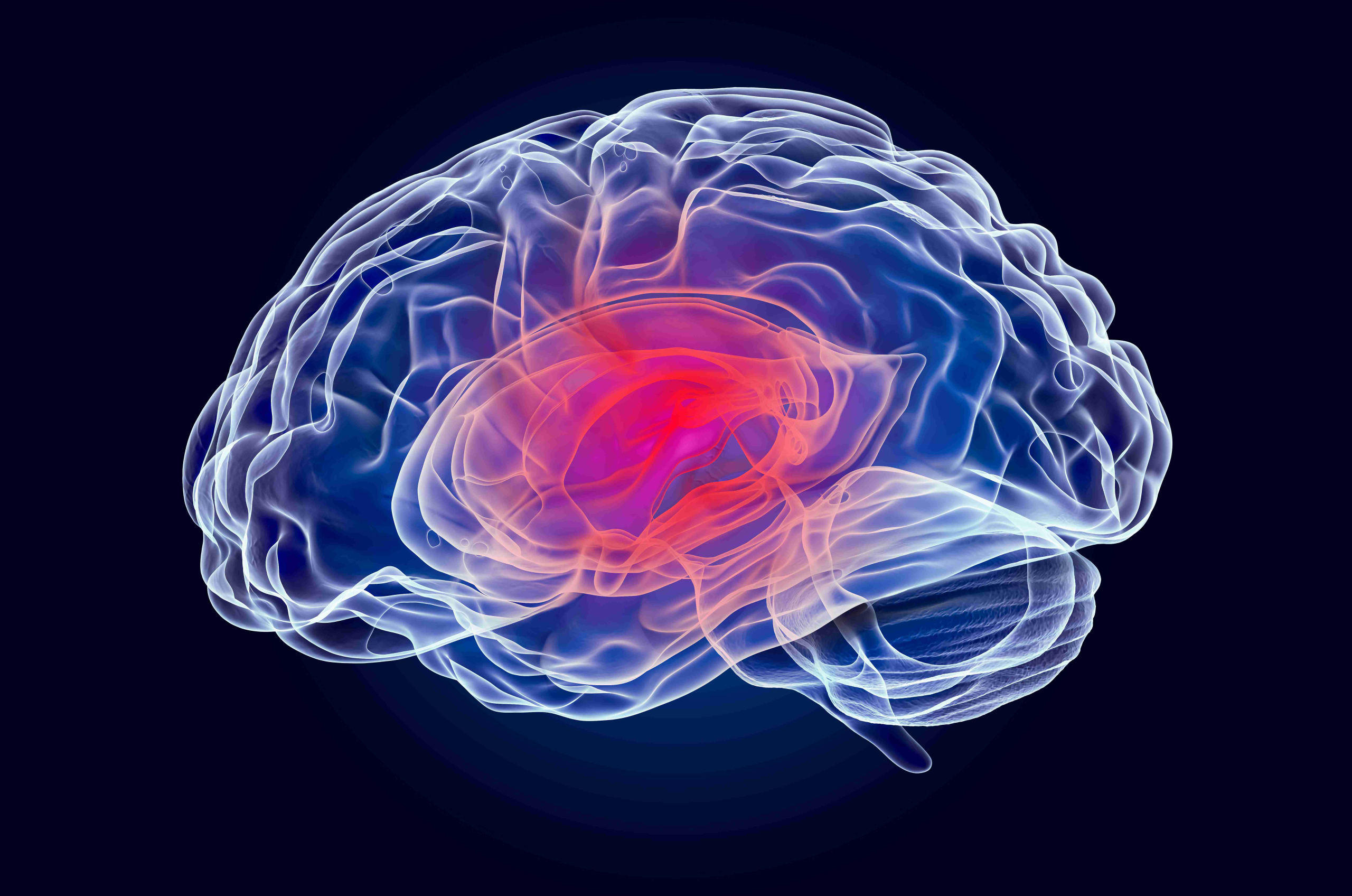 A render of a brain that is glowing red in the centre.