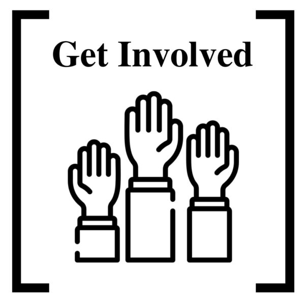 Click the image to go to the Get Involved page. The image depicts clipart of three hands being raised, with the words "get involved" above them