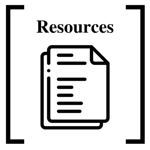 Click the image to go to the Resources page. The image depicts clipart of papers with text on them, with the word "resources" above it