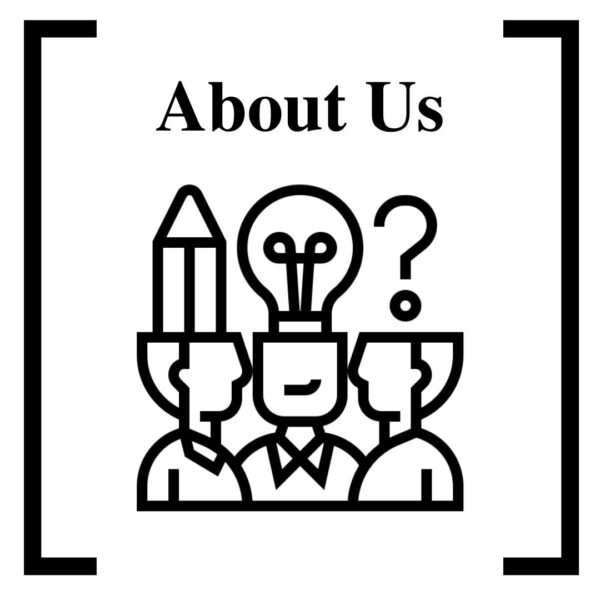 Click the image to go to the About Us page. The image depicts clipart of three people brainstorming, with "about us" over their heads