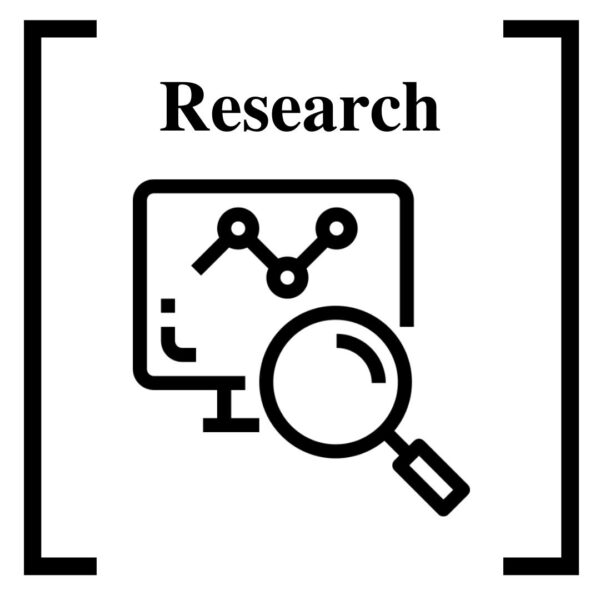 Click the image to go to the Research page. The image depicts clipart of a magnifying glass inspecting data on a computer, with the word "research" above it