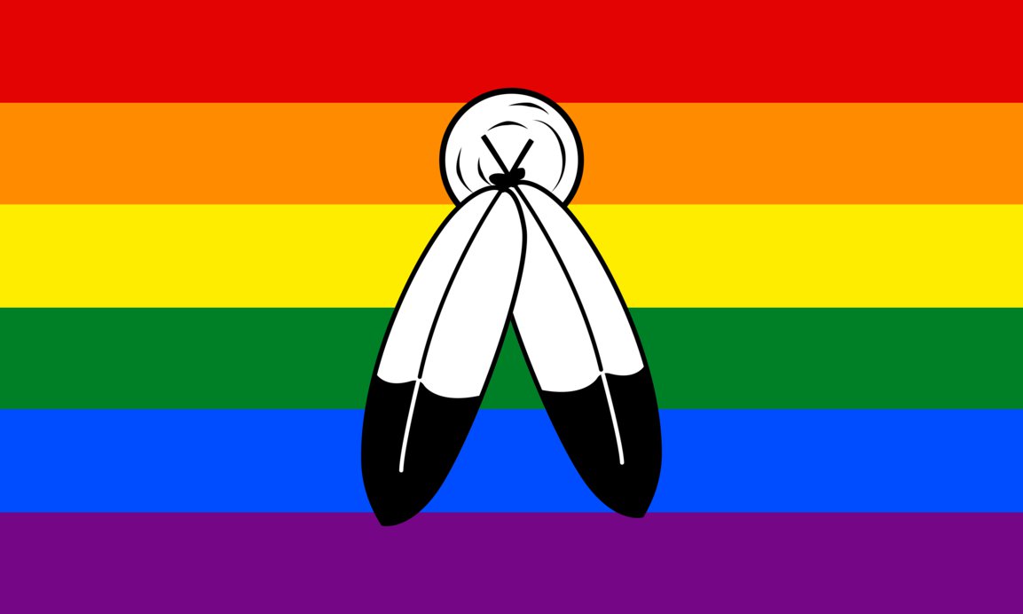 the two spirit pride flag with the horizontal lines of the rainbow, and a small black and white curcle in the orange stripe, with two overlapping black and white feathers extending down from the circle