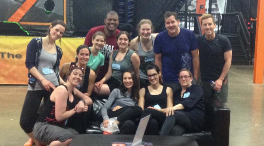 Group picture of lab team members at a SkyZone social outing