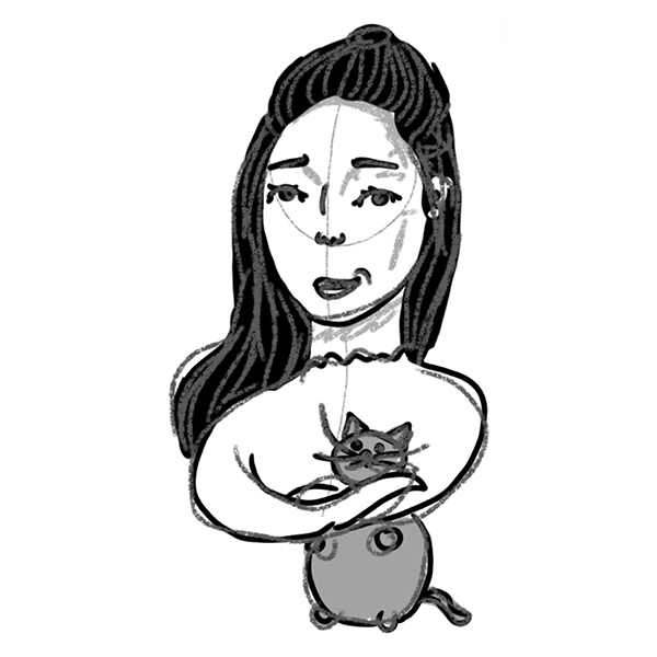 Illustration of lab member Sanna Masud with cat by Saba Birkadze