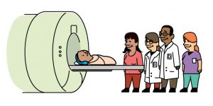Animated photo of baby in MRI with medical team watching