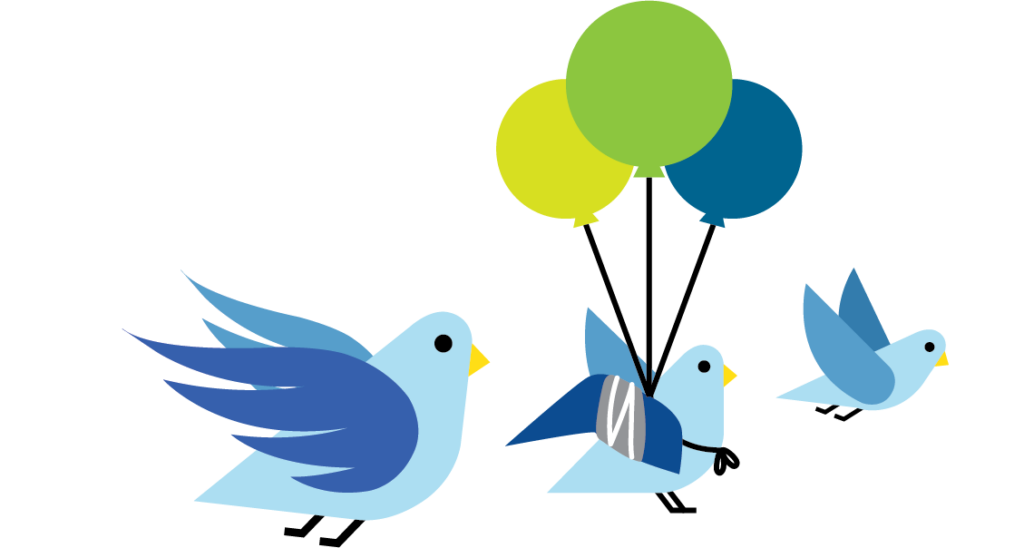 Three cartoon birds flying among clouds. The medium sized bird has a broken wing wrapped in a bandage and is flying with the help of three balloons