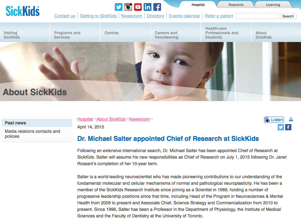 SickKids gets a new chief of Research - Dr. Mike Salter
