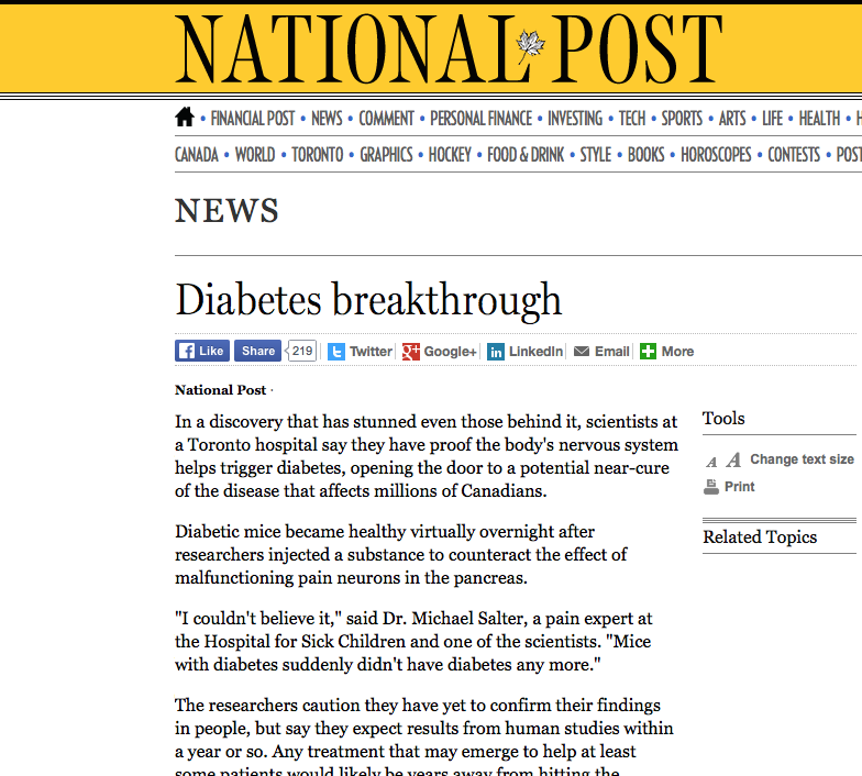 Diabetes breakthrough reported by National Post