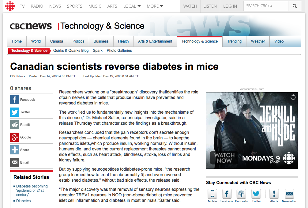 Diabetes breakthrough reported by CBC news