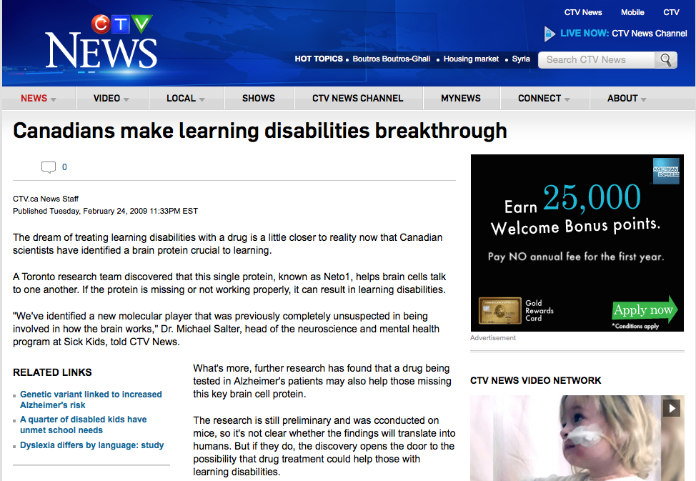 Learning disabilities breakthrough in Salter lab reported by CTV news