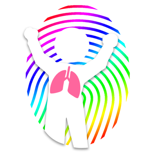 Subbarao lab logo of exultant child's sillouhette with lungs visible and rainbow-coloured fingerprint in the background