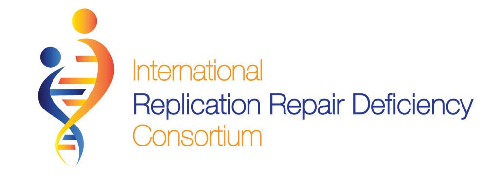 Logo of the International Replication Repair Deficiency Consortium. The logo consists of an unwinding DNA helix, 3 prime to 5 prime strand is blue; 5 prime to 3 prime strand is orange
