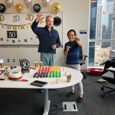 Xiaochong Wu and Michael Taylor at his surprise 50th birthday party from the lab