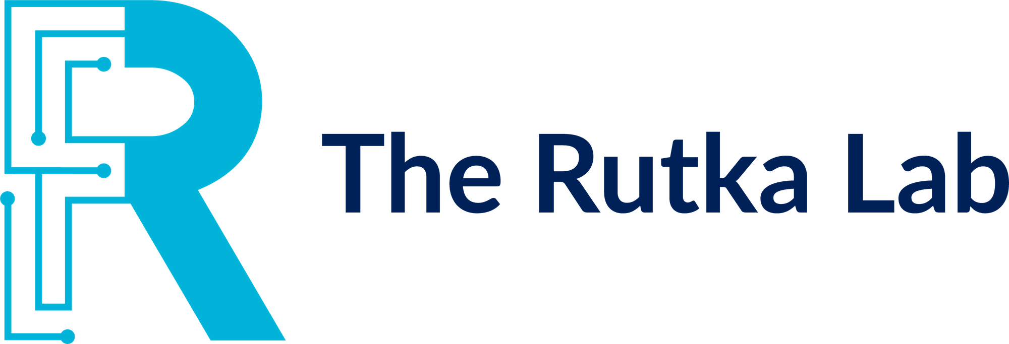 The Rutka Lab logo. On the left is a light blue capital R, the left half of the R is made of connected lines and dots. The Rutka Lab is written to the right in dark blue.