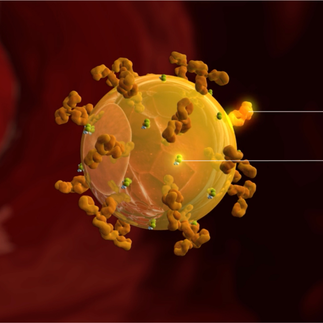 3D rendering of a single gold nanoparticle floating within a blood vessel. The nanoparticle is covered with antibodies and chemotherapeutics.