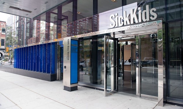 Peter Gilgan Centre for Research and Learning entrance with the SickKids logo