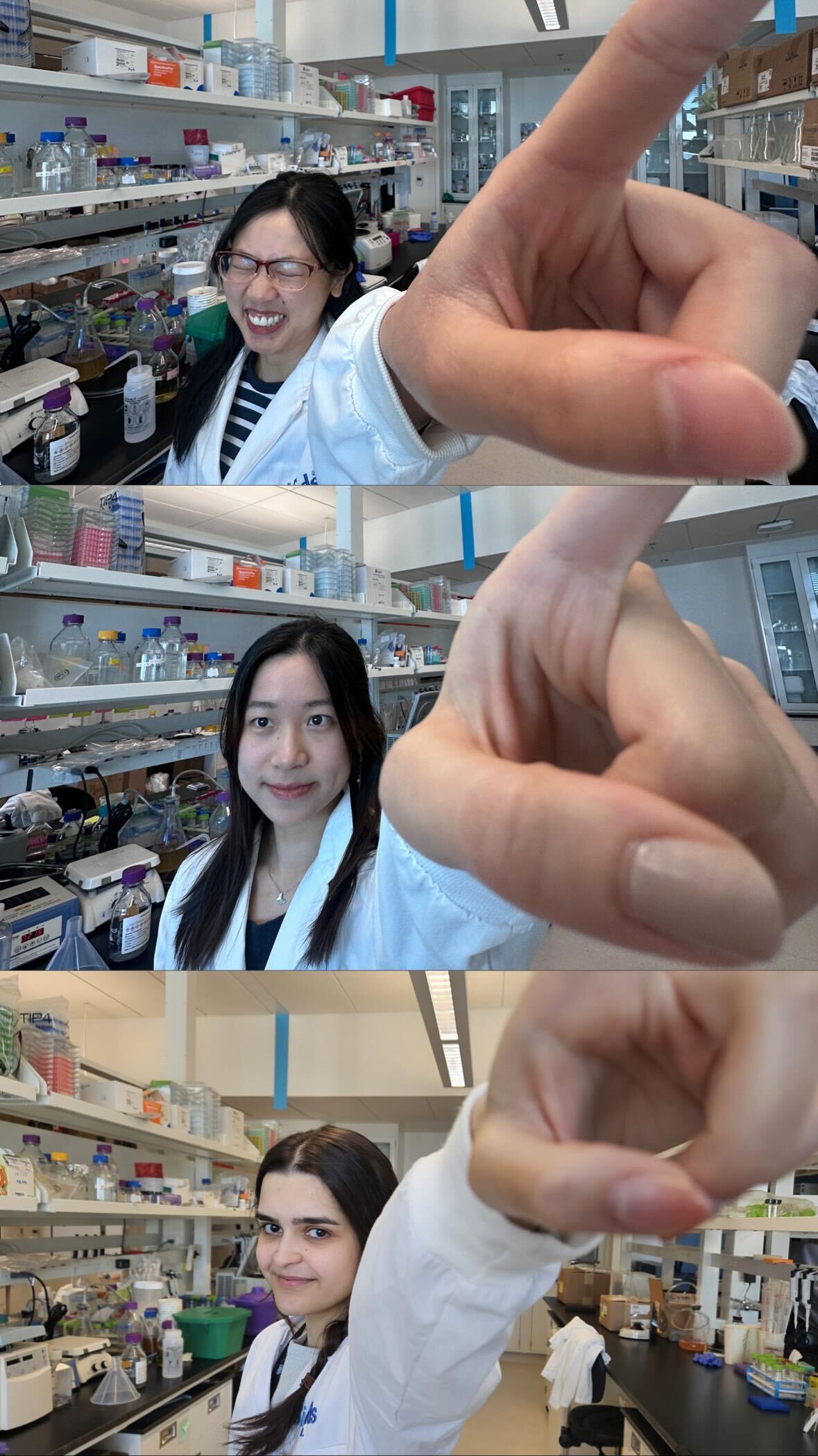 Three photos of a lab with shelves of equipment; each photo features a person in a white lab coat, smilling and posing as they all point upwards with one finger.