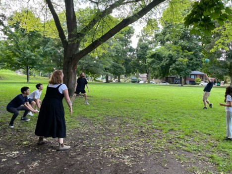 Six people playing volleyball in a grassy park, with one person preparing to hit the ball; trees and houses are visible in the background.