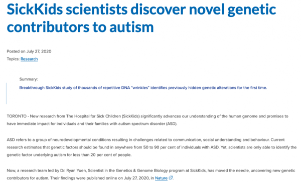 SickKids news article "SickKids scientists discover novel genetic contributors to autism"