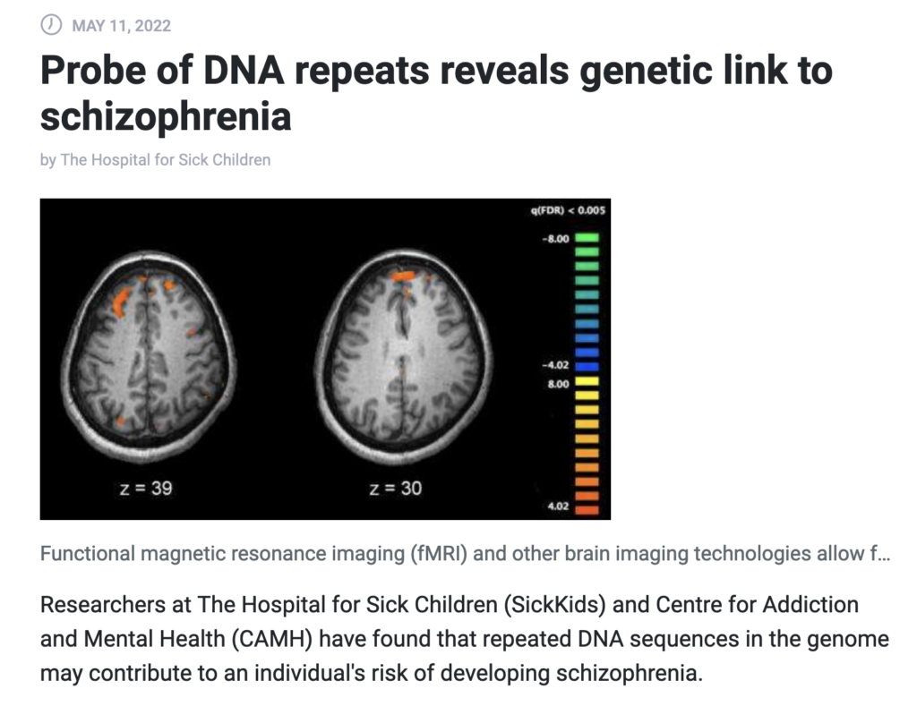 Headline reading "Probe of DNA repeats reveals genetic link to schizophrenia" with two images of brains below